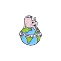 Pink cartoon character on globe enamel pin with 'The world is yours' text on white ribbon - The world is yours (Character on Earth)