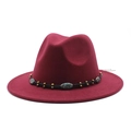 Detail of burgundy fedora hat with ethnic woven band and turquoise metal accents - Burgundy