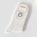 White combed cotton mid-calf socks with cute cartoon bear embroidery and ribbed texture - Bear / White