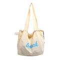 Cremefarbene Canvas-Einkaufstasche mit blauem Beach-Aufdruck und Kordelzug für Damen - Schultertasche mit Beach-Druck / Gebrochenes Weiß