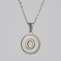 Silver stainless steel necklace with round shell pendant featuring letter O detail - Silver White Shell Letter O