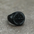 Macro detail of vintage black stainless steel ring showing compass engraving and star patterns - US 7 / Black