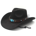 Classic black suede cowboy hat with turquoise-studded brown band and chin strap - M (56-58cm) / Black