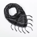Detailed view of tactical shemagh scarf featuring black and grey woven patterns with tassels - Gray