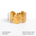 Adjustable golden stainless steel shell ring with a unique scalloped texture design - Connected Shells Style (YYR025247)