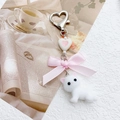 Cute white flocked kitten keychain with pink ribbon bow and silver heart clip on magazines - White