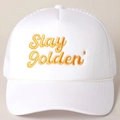 White trucker hat with stay golden yellow embroidery and white decorative rope - One Size / White