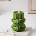 Green pillar scented candle with geometric texture on stone base with pearls - Origami Geometric Type I / Dark Green