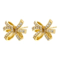 Sparkling gold bow earrings featuring zircon pavé and dainty pearls on a white background - Pave Zirconia Bow / VE1274 Gold