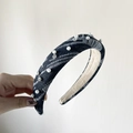 Denim blue knotted headband featuring white pearls and rhinestones on a textile finish - FG240811-1 Black