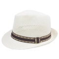 Classic white hollow knitted fedora with patterned band for summer sun protection - 57cm / Off White