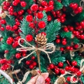 Artificial pine branch with red berries, pine cone and burlap bow for Christmas decor - Red Berry No Snow Style