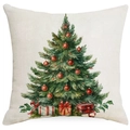 Detailed view of the watercolor Christmas tree pattern on a linen throw pillow cover - Watercolor Xmas Tree / 45*45cm Single-sided Linen