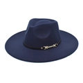 Detail of dark blue wool fedora hat with black leather strap and gold metal buckle - M (56-58cm) / Navy Blue