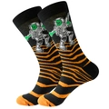 Detail of black mid-tube socks with orange tiger stripes and dancing astronaut motifs - Size 39-45 / Wave Alien