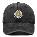 Vintage washed black baseball cap featuring white daisy embroidery and a curved brim - Adjustable / Black