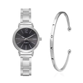 Elegant women's silver quartz watch with black dial and matching LOVE cuff bracelet set - Black Dial Silver Watch LOVE Open Bangle Set