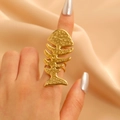 Detailed view of a golden fishbone ring with hammered texture on a silk background - Vintage Fishbone Ring (9820)