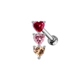 Detailed view of triple heart stainless steel studs with red, pink and orange gems - Straight Bar Flat Back Earring / Steel Color Cartilage Stud