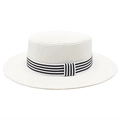 Detail of white woven flat-top straw hat with classic black and white striped ribbon - M (56-58cm) / White