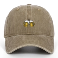 Close-up of beer glasses embroidery on a washed khaki cotton distressed baseball cap - Adjustable / Khaki