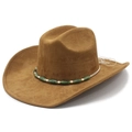 Cappello da cowboy in pelle scamosciata marrone con fascia etnica e tesa larga curva - M (56-57 cm) / Cachi
