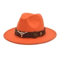 Detail of orange wool fedora featuring a leather band with silver bull head ornament - M (56-58cm) / Orange