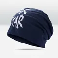 Navy blue slouchy beanie for men featuring white STAR letter print in a street style design - STAR Style / Navy Blue