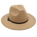 Detail of wool fedora hat with camel felt texture and black leather belt buckle - One Size / Camel