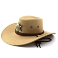 Detail of camel wool fedora with sheriff badge, braided band and adjustable chin strap - M (56-58cm) / Camel