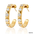 Gold stainless steel C-shaped hoop earrings with clear round cubic zirconia stones - White Zirconia (KDE743)