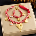 Bohemian jewelry set with red paisley fabric necklace, bracelet and gold heart pendants - Necklace + Bracelet Set (N3895 B1877)
