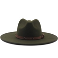 Detail of dark green wide brim fedora featuring a brown leather band with metal rivets - M(56-58cm) / Army Green