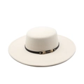 Elegant white wool felt flat top hat with black PU leather band and gold buckle - M (56-58cm) / Beige