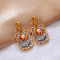 Golden sunflower enamel earrings with purple background and pearl center details - 【B-29】Purple Sunflower