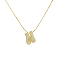 Close-up of golden bubble letter N pendant with full zircon inlay on fine box chain - Letter N / Gold