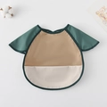 Short sleeve waterproof baby bib with deep green sleeves and large beige food catcher pocket - Shawl - Coffee Color Block / One Size