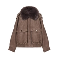 Vintage dark brown bomber jacket with plush faux fur collar and large pockets - XS / Camel