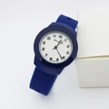 Detail of a navy blue silicone quartz watch with white dial and black Arabic numerals - Blue