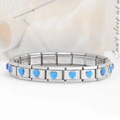 Detail of Italian charm bracelet showing stainless steel stamp and blue heart gems - Heart Sky Blue Gem (18 Links)