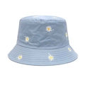 Detailed close-up of daisy flower embroidery on light blue cotton sun hat fabric - M / Sky Blue