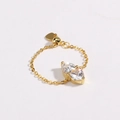 Detail of adjustable gold chain ring featuring double zircon stones and small heart charm - Adjustable Pull-out / White Zircon - Gold Color