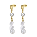 Elegant long S925 sterling silver dangle earrings with white freshwater pearls in gold finish - GPE18 Pearl Tassel Irregular Dangle Earrings / Gold