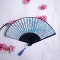 Blue folding silk fan with pink cherry blossom pattern and blue decorative tassel - Blue Cherry Blossom with Black Ribs (Lady's Fan - 56)