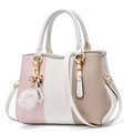 Three-color patchwork PU leather handbag in pink white and khaki with pearl charm - White