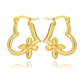 Detail of gold heart earrings with floral accents and polished finish on white background - Heart Flower Earrings (C049)