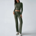 Women's dark green Y2K two-piece tracksuit with crop long sleeve top and wide leg pants - S / Army Green