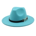 Detail of cyan wool fedora hat with a black band and decorative gold chain link - Lake Blue