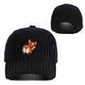 Schwarze Cord-Baseballkappe mit Corgi-Stickerei in der Vorder- und Rückansicht - Verstellbar / Schwarz