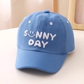 Detailed embroidery of SUNNY DAY text and smiley face on blue cotton kids baseball cap - 52cm (2-5 Years) / Blue